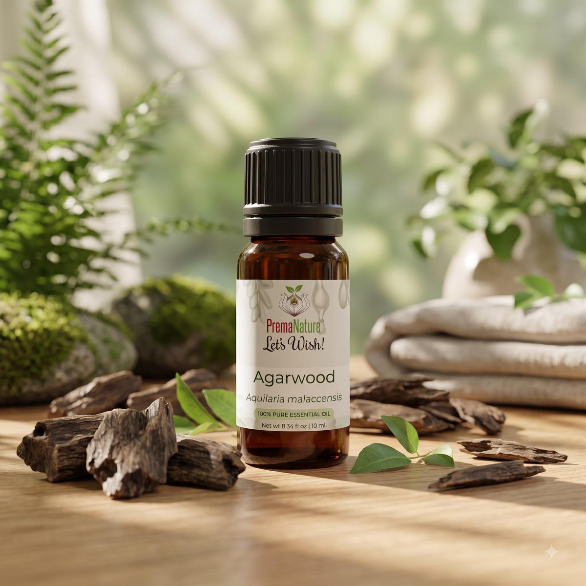 PremaNature Agarwood essential oil 10 ml in amber bottle