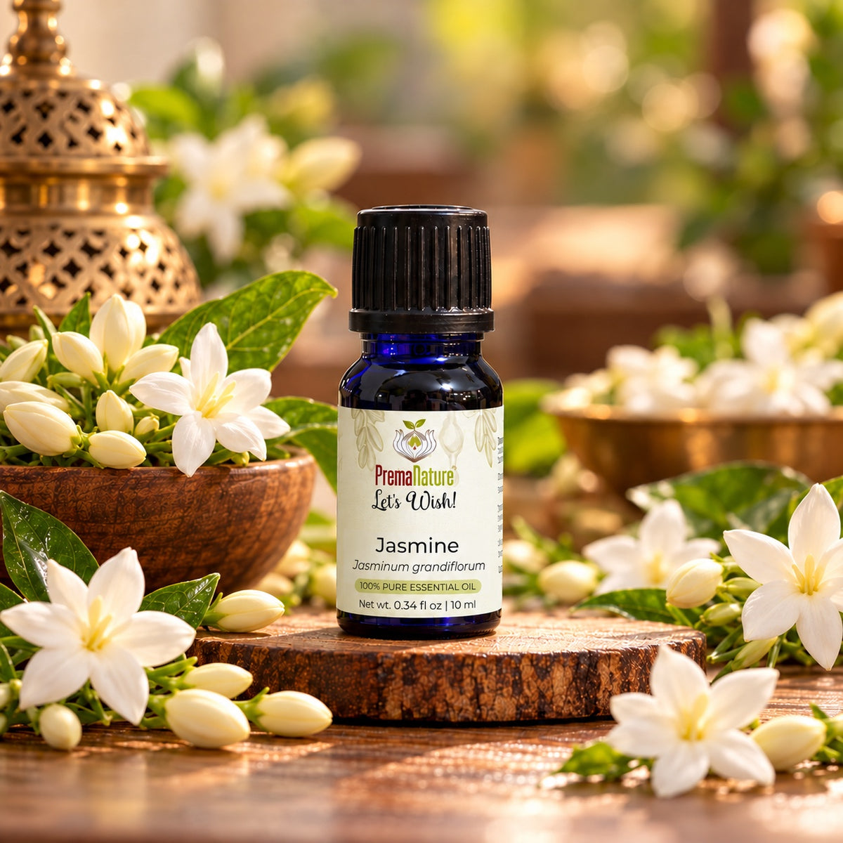PremaNature Jasmine essential oil 10 ml (Jasminum grandiflorum) with fresh jasmine flowers