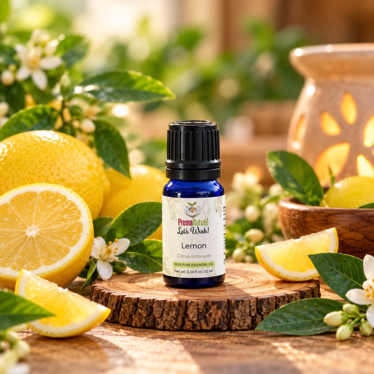 PremaNature Lemon essential oil 10 ml (Citrus limonum) with fresh lemons and a diffuser