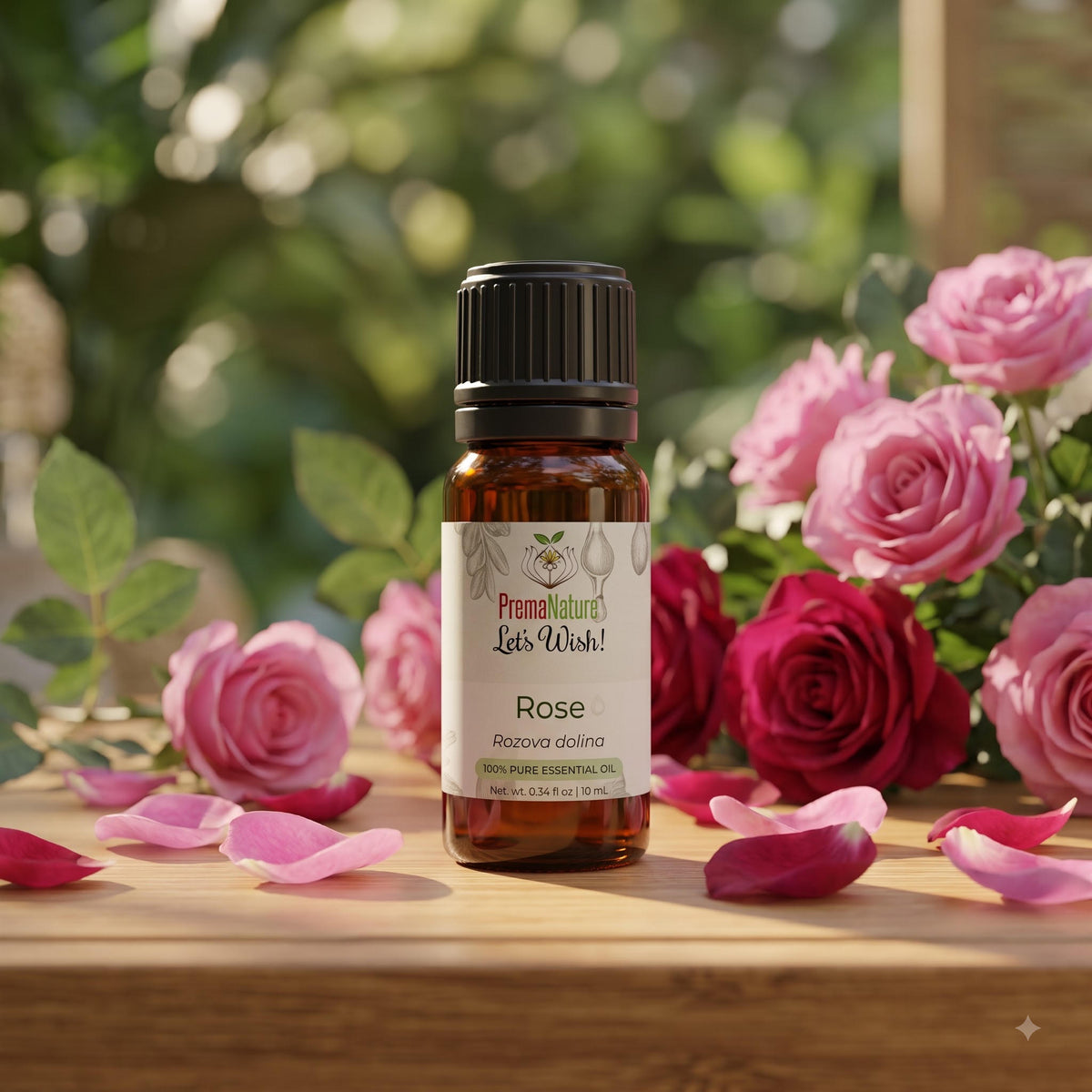 PremaNature Rose essential oil 10 ml in amber bottle