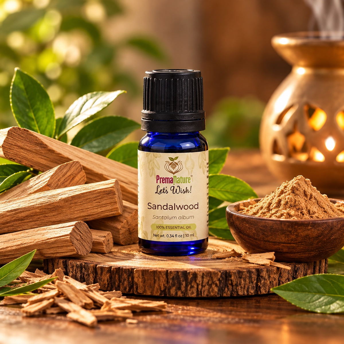 PremaNature Sandalwood essential oil 10 ml (Santalum album) with sandalwood sticks and powder
