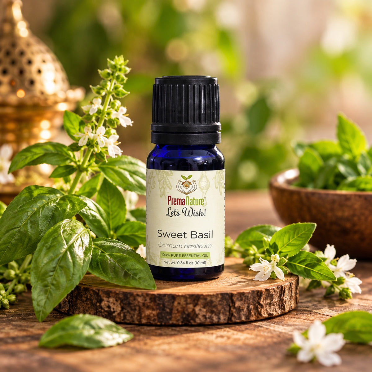 PremaNature Sweet Basil essential oil 10 ml (Ocimum basilicum) with fresh basil leaves and flowers