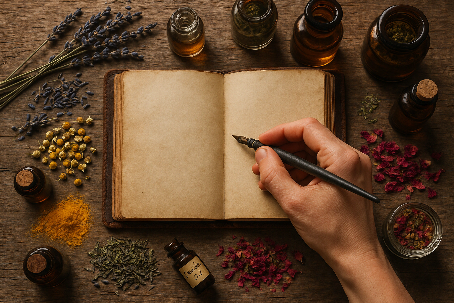 top view from a table with a note book and a hand with a pen with around it herbal mixures, small containers and essential oils. Give it a rustic look.