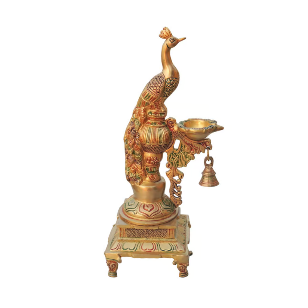 Brass Peacock Deepak on Plinth — 15 inch