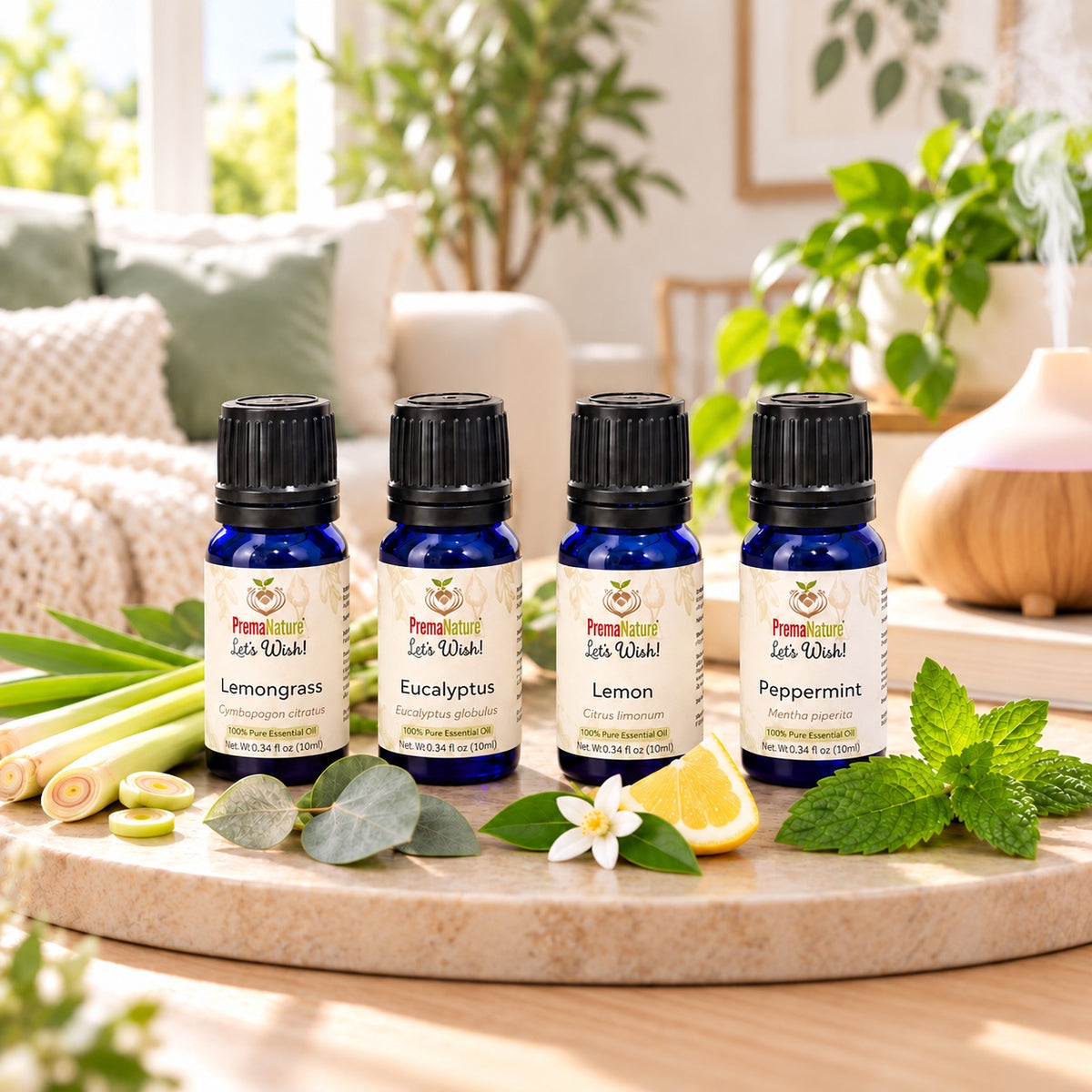 PremaNature Fresh Home Oil Set: Lemongrass, Eucalyptus, Lemon and Peppermint essential oils with a diffuser