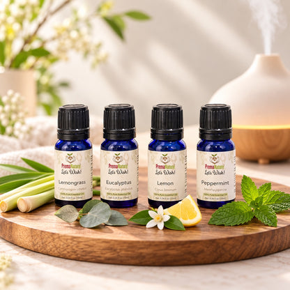 Fresh Home Oil Set: four 10 mL essential oils on a wooden tray with lemongrass, eucalyptus, lemon and mint