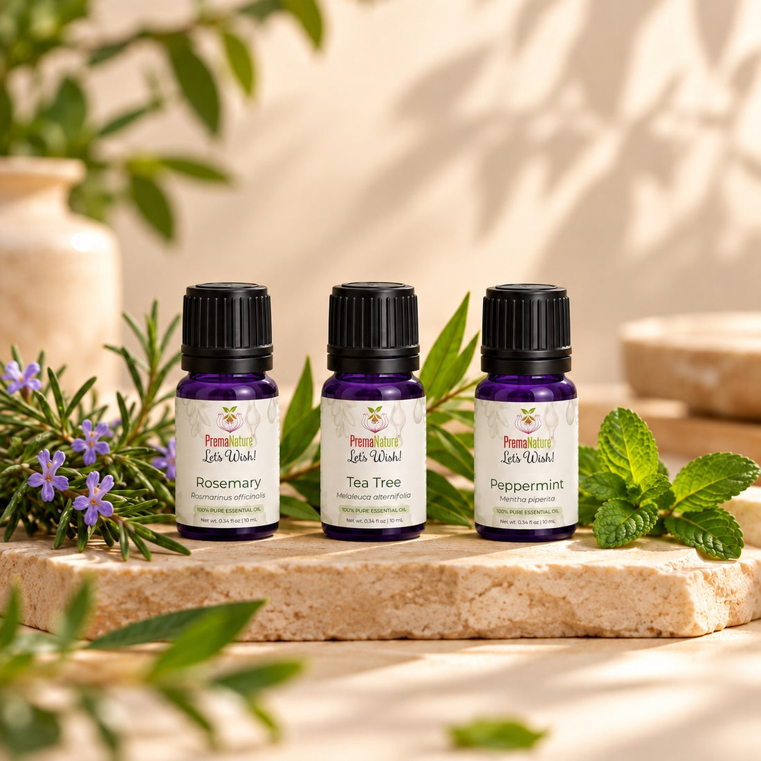PremaNature Hair Care Oil Set: Rosemary, Tea Tree and Peppermint essential oils, 10 mL each