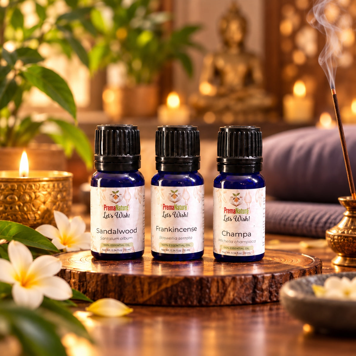 Pooja &amp; Meditation Oil Set in a candle-lit meditation corner with incense