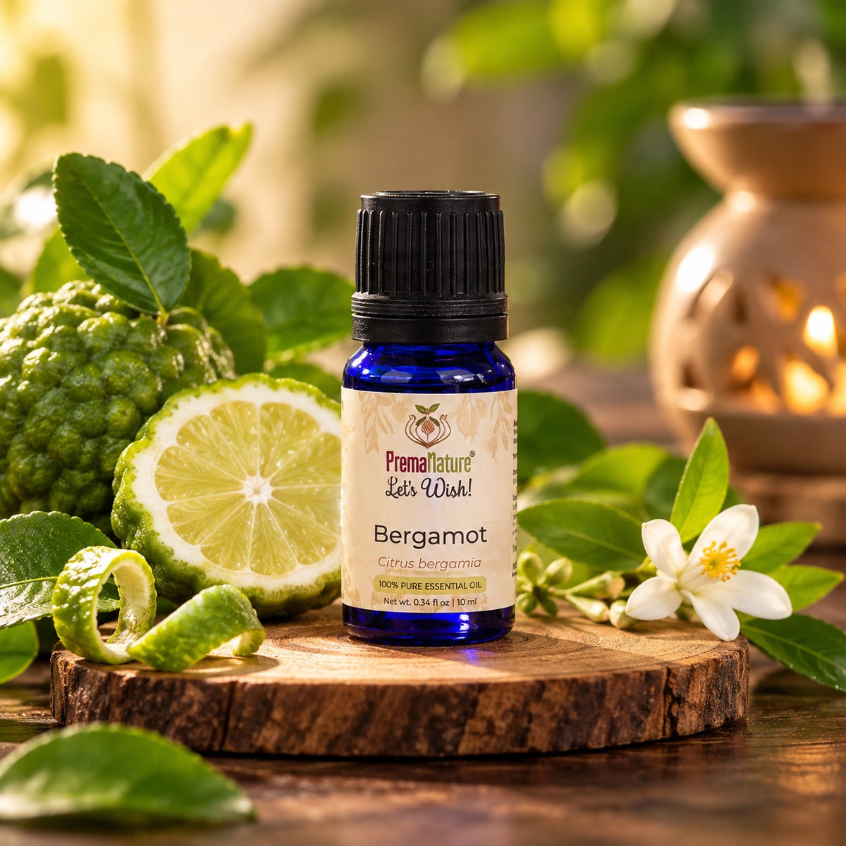 PremaNature Bergamot essential oil 10 ml (Citrus bergamia) with fresh bergamot fruit and blossom