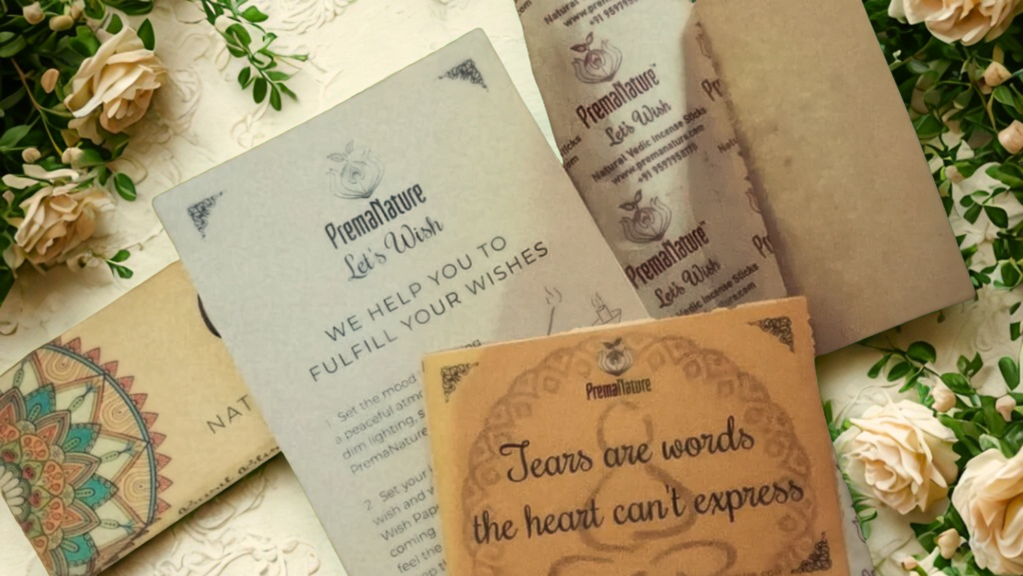 Set of cards with text and decorative elements on a floral background - premanature