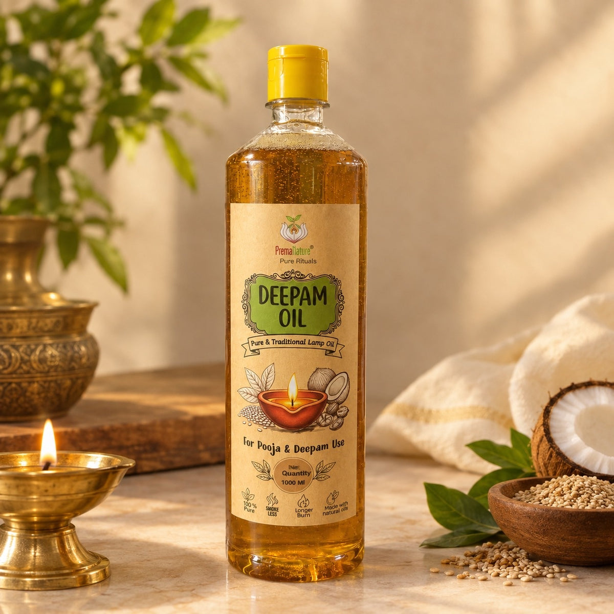 PremaNature Pancha Deepam Oil 1 litre, cold-pressed pooja lamp oil of sesame, coconut, mahua, castor and cow ghee, beside a lit brass diya