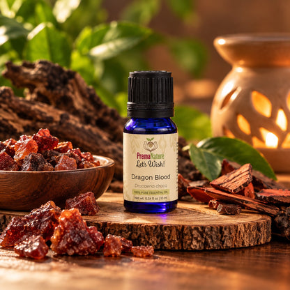 PremaNature Dragon Blood essential oil 10 ml (Dracaena draco) with dragon blood resin and an oil burner