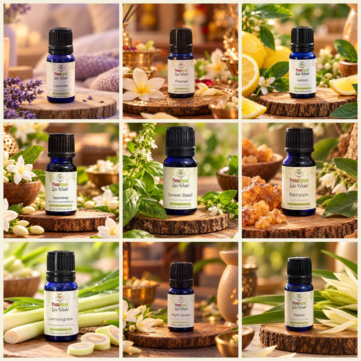 PremaNature single essential oils, 10 mL each: Lavender, Champa, Lemon, Jasmine, Sweet Basil, Benzoin, Lemongrass, Night Queen and Kewra. Choose from 32 oils