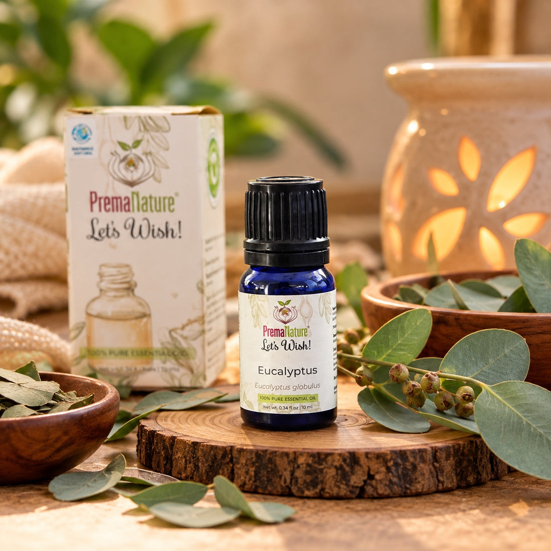 PremaNature Eucalyptus essential oil 10 ml (Eucalyptus globulus) with its box and eucalyptus leaves