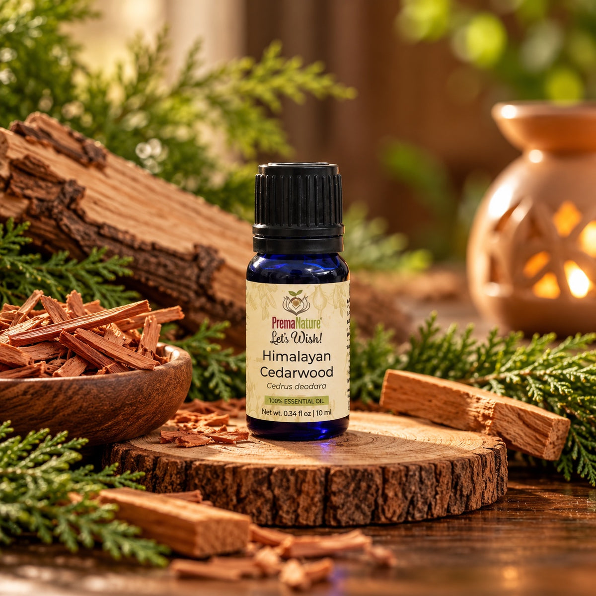 PremaNature Himalayan Cedarwood essential oil 10 ml (Cedrus deodara) with cedar wood chips and foliage