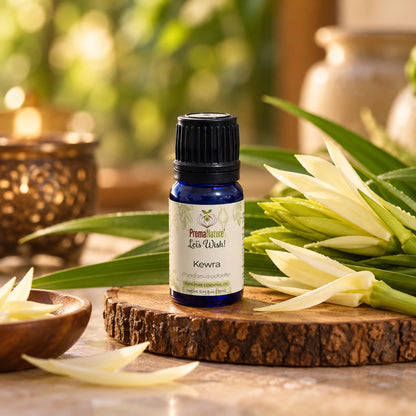 PremaNature Kewra essential oil 10 ml (Pandanus odorifer) with kewra flowers and leaves