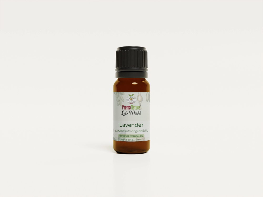 Lavender essential oil bottle with dried flowers