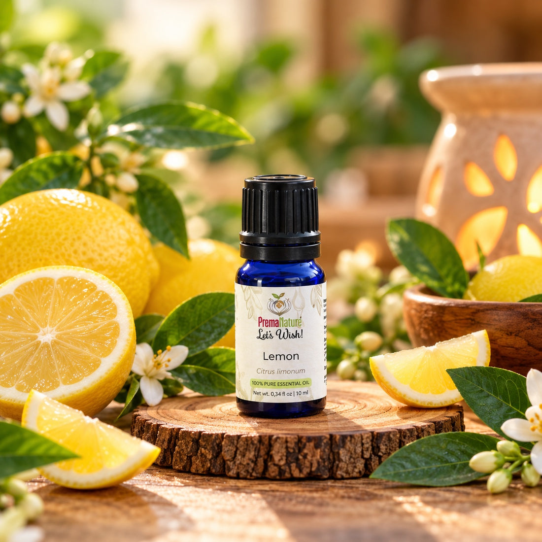 PremaNature Lemon essential oil 10 ml (Citrus limonum) with fresh lemons and a diffuser