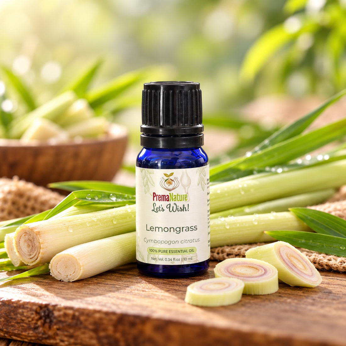 PremaNature Lemongrass essential oil 10 ml (Cymbopogon citratus) with fresh lemongrass stalks