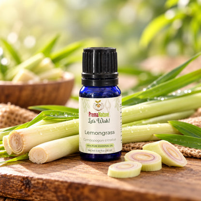 PremaNature Lemongrass essential oil 10 ml (Cymbopogon citratus) with fresh lemongrass stalks