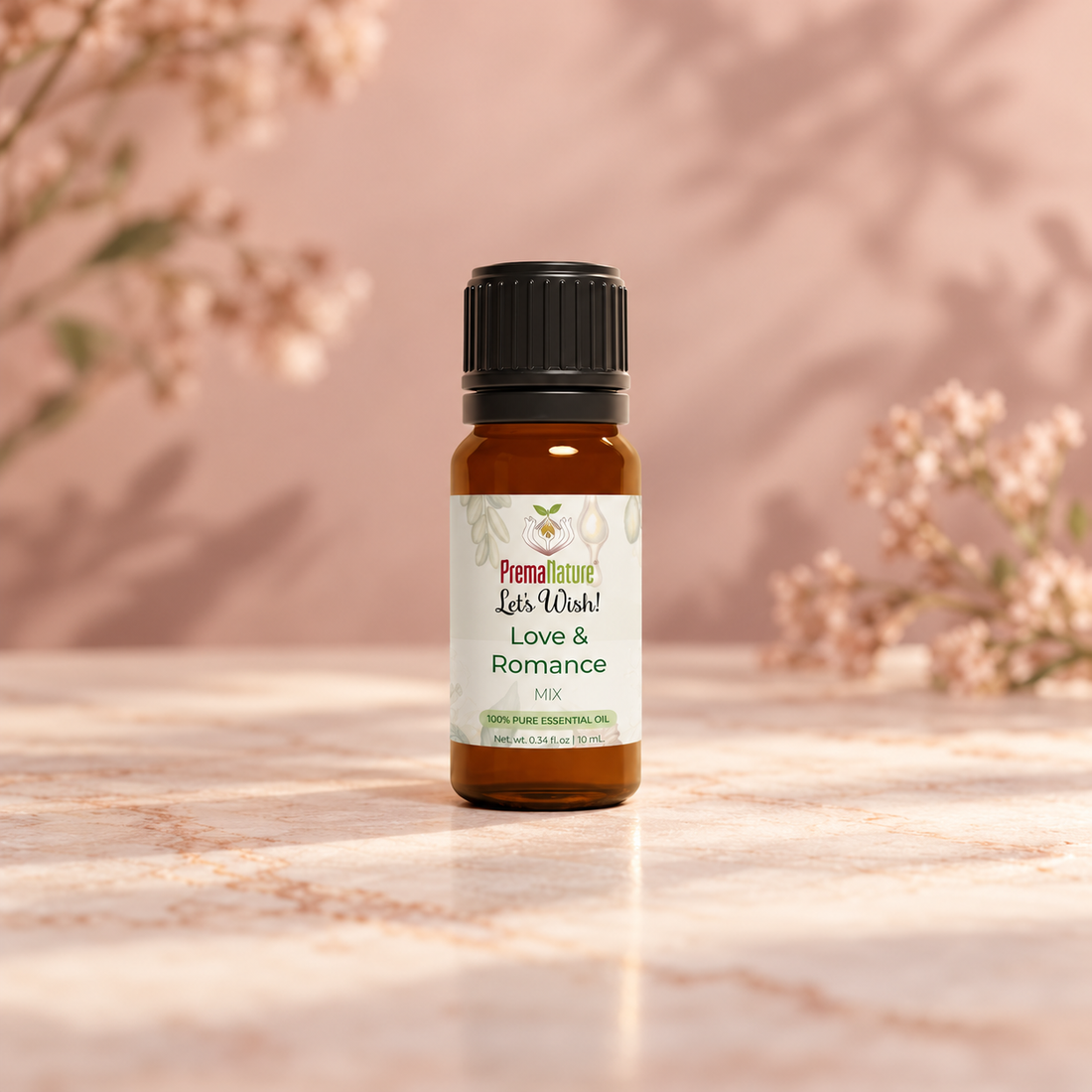 PremaNature Love &amp; Romance essential oil mix 10 mL bottle on pink marble