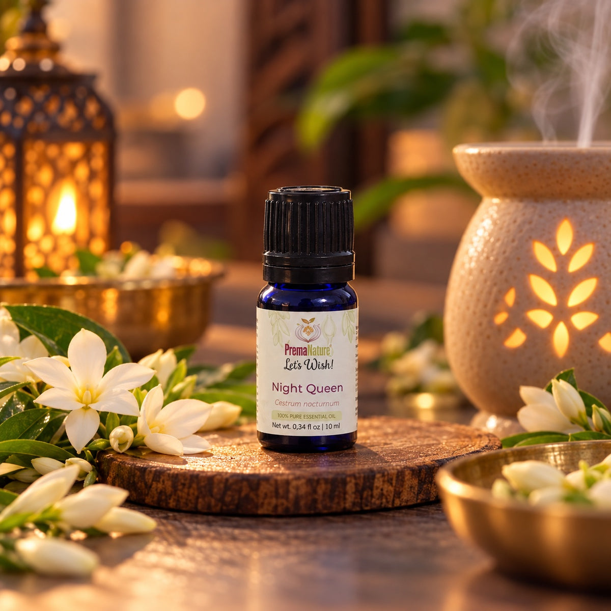 PremaNature Night Queen essential oil 10 ml (Cestrum nocturnum) with white blossoms and a diffuser