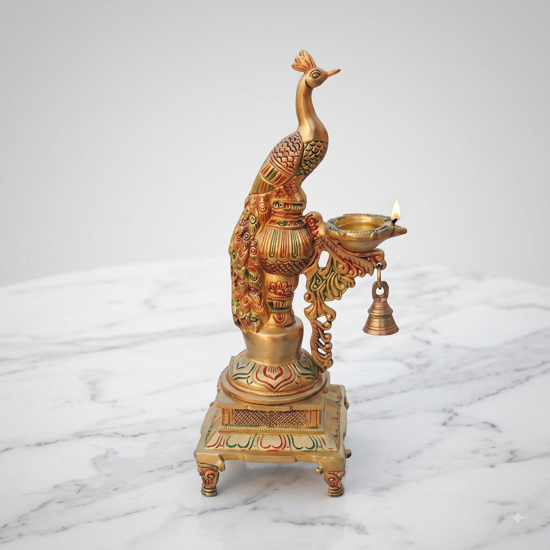 Brass Peacock Deepak on Plinth — 15 inch
