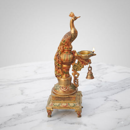 Brass Peacock Deepak on Plinth — 15 inch