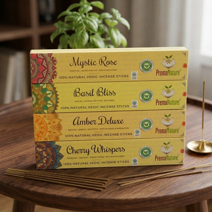 PremaNature Ritual Discovery Set — Mystic Rose, Basil Bliss, Amber Deluxe &amp; Cherry Whispers natural Vedic incense, ₹499 monsoon sampler