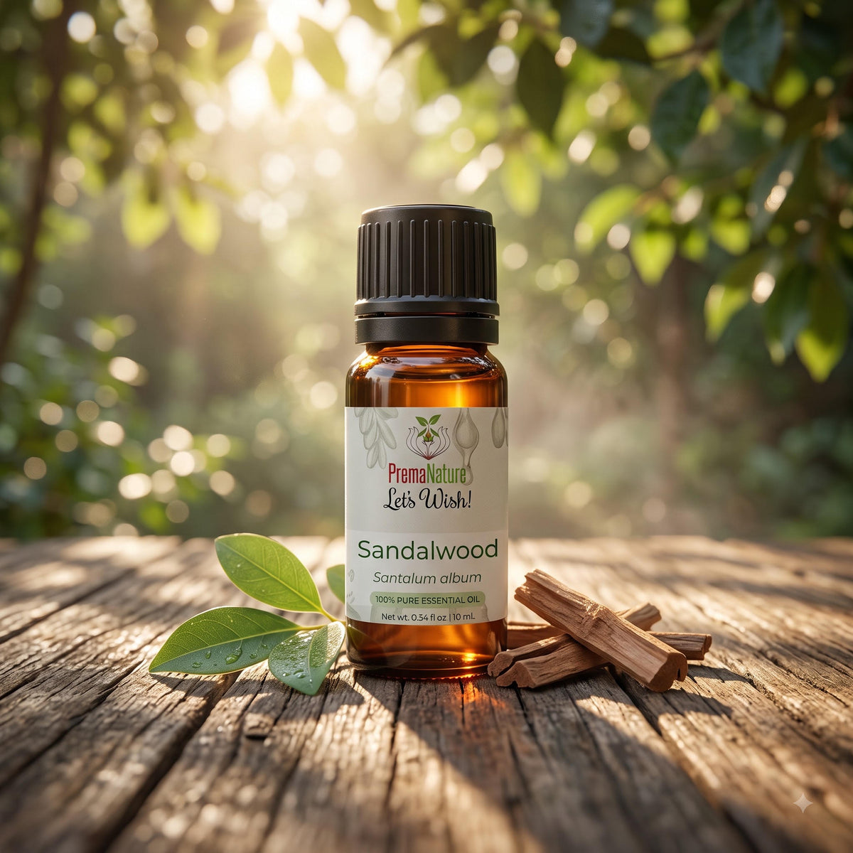 PremaNature Sandalwood essential oil 10 ml in amber bottle
