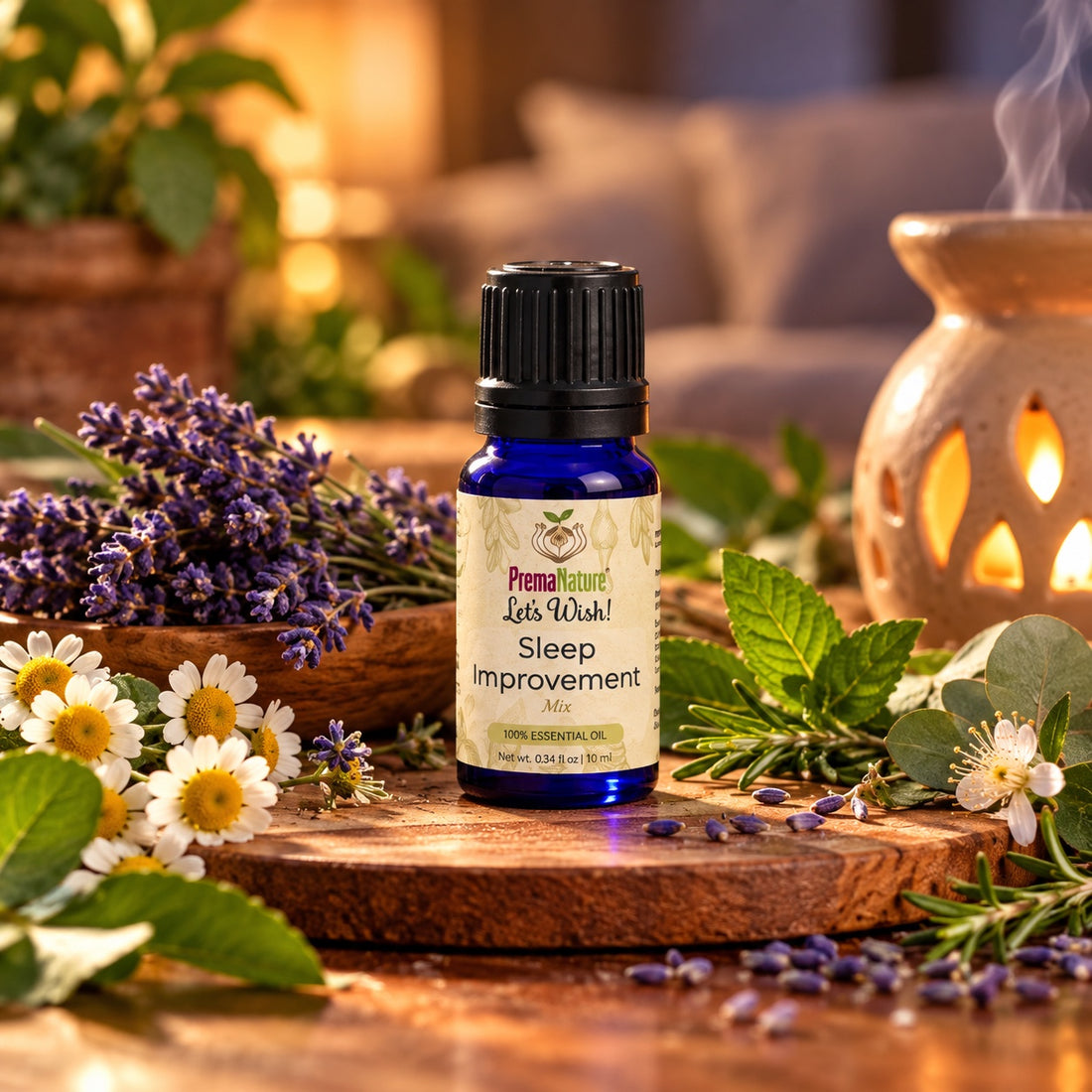 PremaNature Sleep essential oil mix 10 mL with lavender, chamomile and an aroma lamp