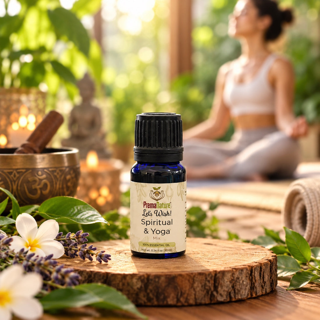 PremaNature Spiritual &amp; Yoga essential oil mix 10 mL with a singing bowl and a meditation space