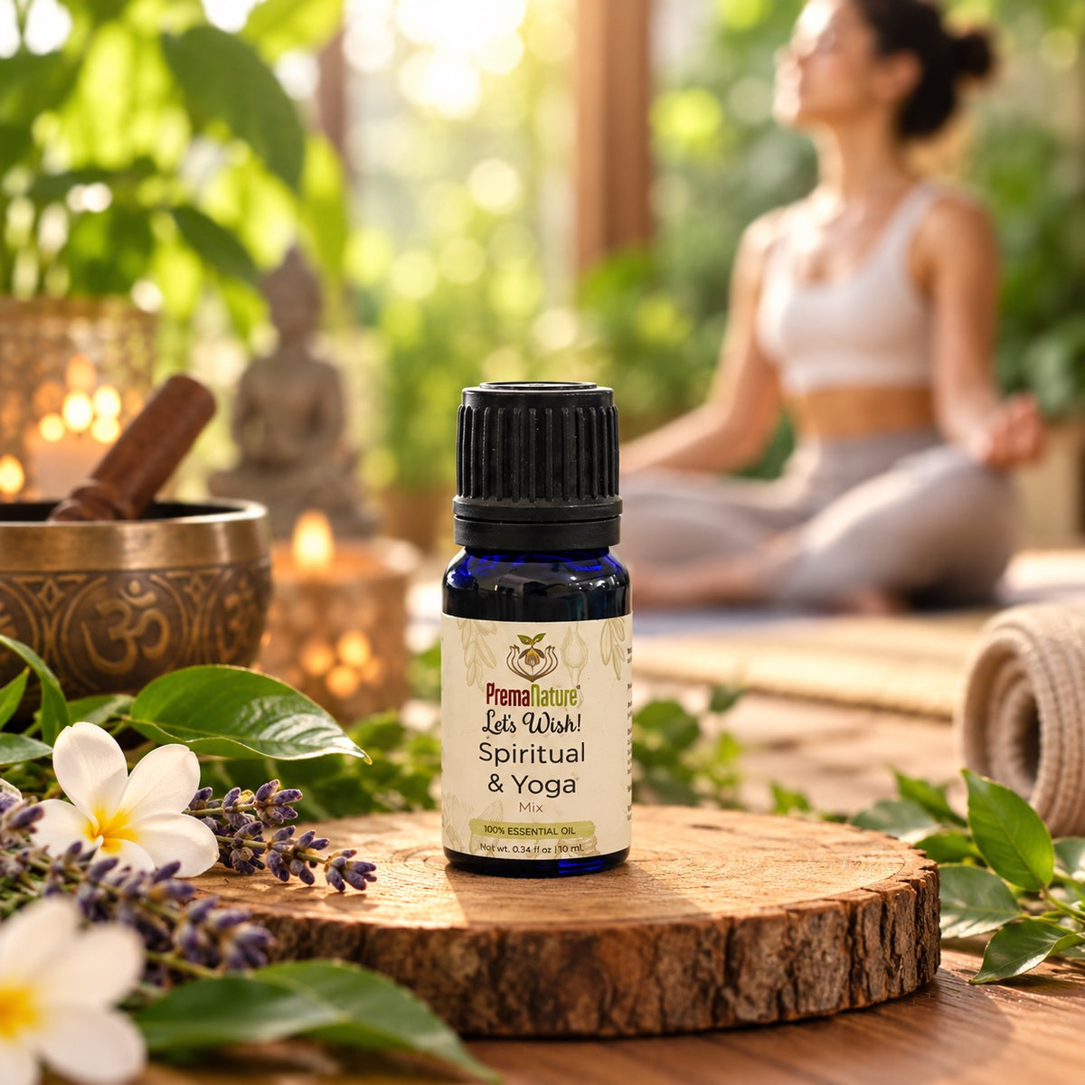 PremaNature Spiritual &amp; Yoga essential oil mix 10 mL with a singing bowl and a meditation space