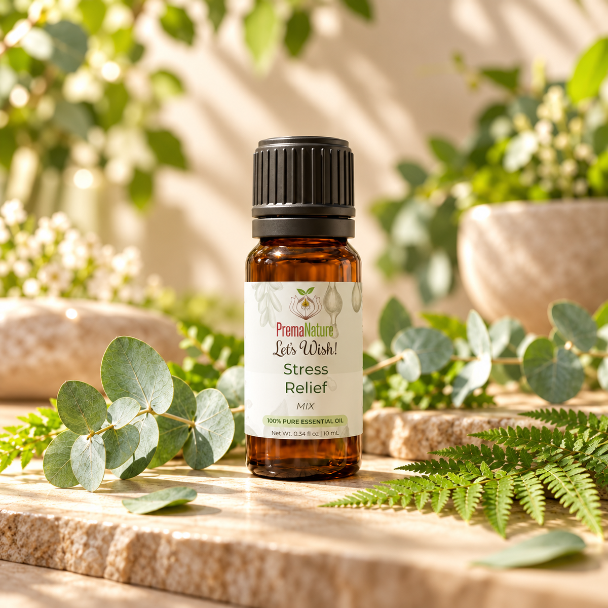 PremaNature Stress Relief essential oil mix 10 mL bottle with eucalyptus leaves