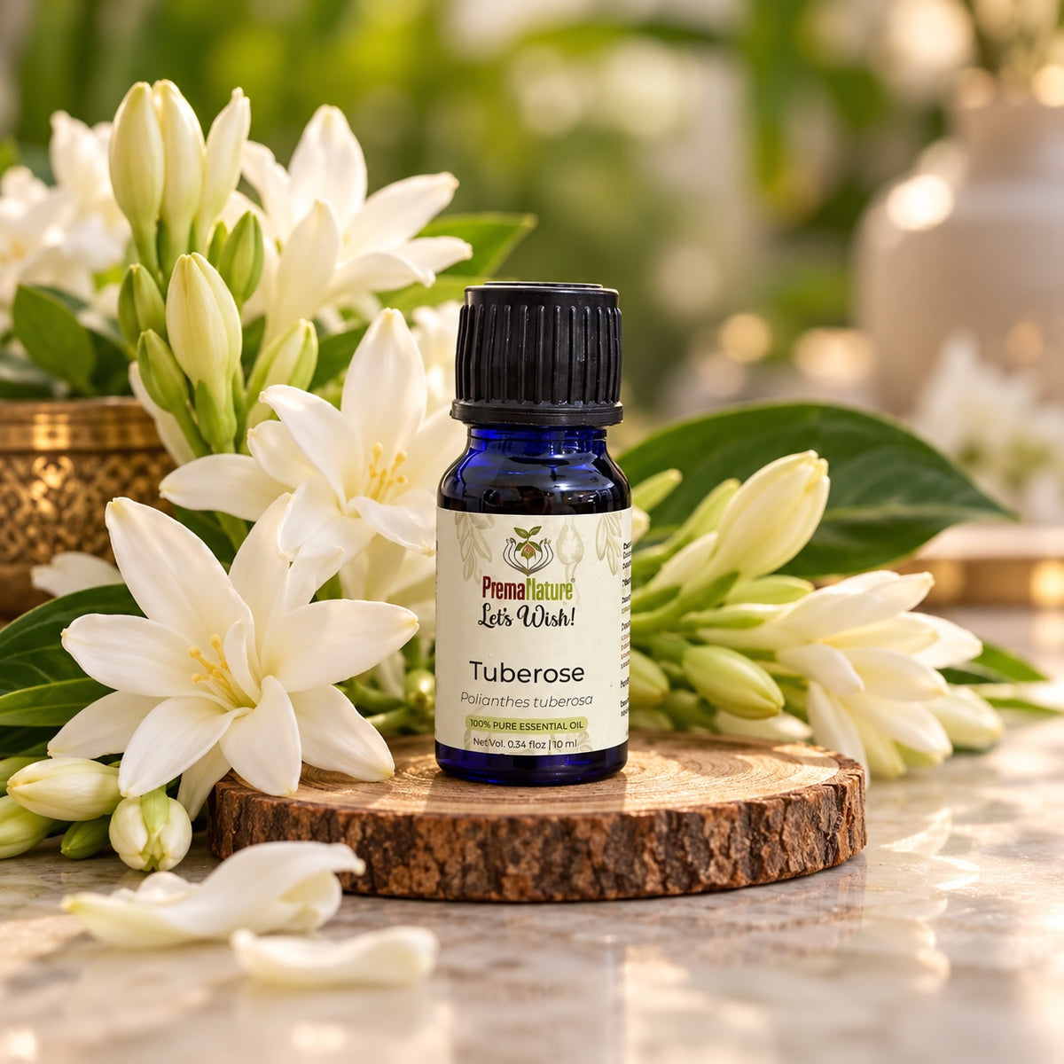PremaNature Tuberose essential oil 10 ml (Polianthes tuberosa) with fresh tuberose flowers