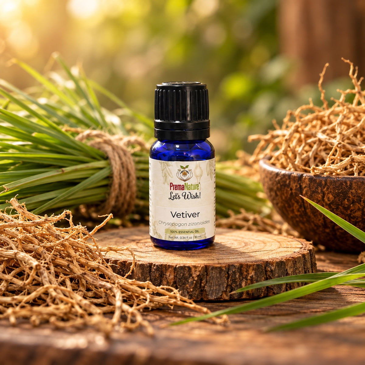 PremaNature Vetiver essential oil 10 ml (Chrysopogon zizanioides) with vetiver grass and roots